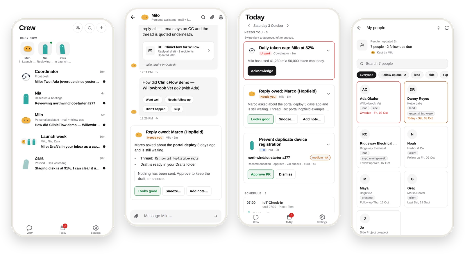 The Interns app: the crew list, a chat with an intern, the Today tab and a people page.